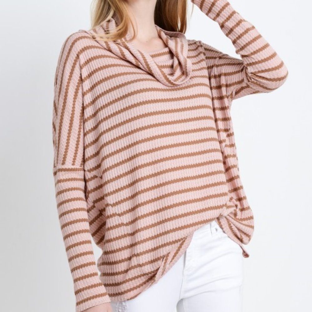 Striped Cowl Neck Waffle Knit Top NWT